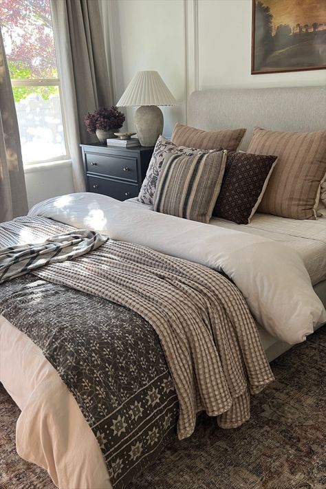 Amber Lewis x Loloi Morgan Sunset … curated on LTK Master Bedding Cozy, Loloi Morgan Sunset Ink, Moody Dorm Room, Amber Lewis Bedroom, Moody Bedding, Lake House Bedroom Ideas, Amber Lewis X Loloi, White Bedrooms, Lake House Bedroom