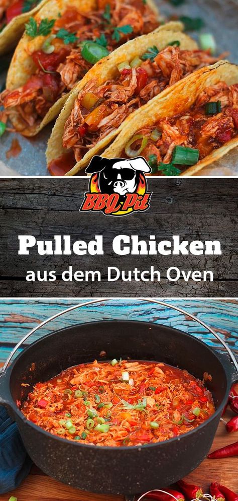 Gezupfte Hähnchenbrust - Pulled Chicken aus dem Feuertopf ist absolut gelingsicher, schnell gemacht, und schmeckt einfach fantastisch. Wir haben aus diesem gezupften Hähnchenbrustfilet aus dem Dutch Oven Pulled Chicken Tacos zubereitet.   Für das Rezept brauchst du:  1200 g Hähnchenbrustfilet 500 g passierte Tomaten 400 g stückige Tomaten ohne Haut 1 rote Paprikaschote 1 gelbe Paprikaschote 1 Bund Frühlingszwiebeln 1 mittlere Zwiebel  ...   #bbq #pulledchicken #dutchoven #hähnchen #grillen Dutch Oven Pulled Chicken, Oven Pulled Chicken, Pulled Chicken Tacos, Dutch Oven Chicken, Sauce Hollandaise, Chicken Breast Fillet, Dutch Oven Recipes, Oven Chicken, Pulled Chicken