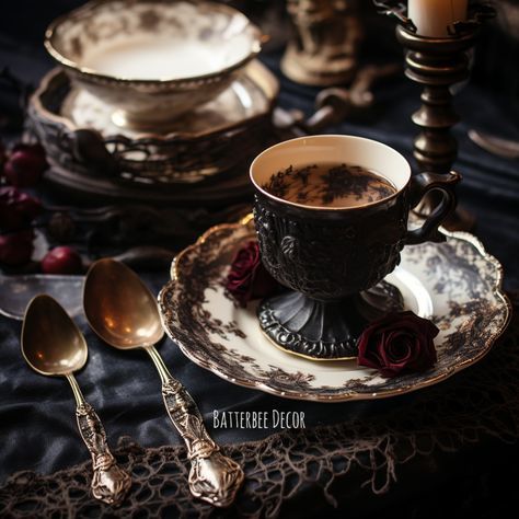 Gothic Tea Aesthetic, Goth Tea Set, Victorian Gothic Tea Party, Moody Tea Party, Vampire Tea Party, Dark Academia Tea Party, Witchy Tea Party, Dark Tea Party Aesthetic, Victorian Tea Party Aesthetic