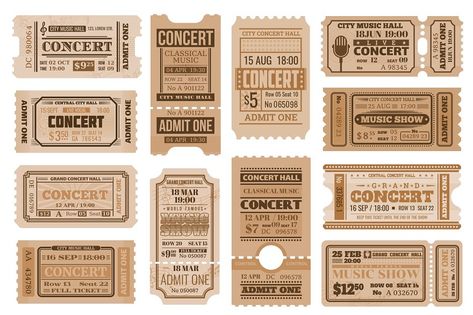 Music concert tickets, retro admits. Vector vintage cards for musical performance, show entry coupons for access with date, time, seat and row number, price and separation line tickets templates set Amusement Park Ticket, Carnival Show, Circus Tickets, Event Invitation Design, Music Tickets, Circus Show, Vintage Ticket, Ticket Card, Ticket Design