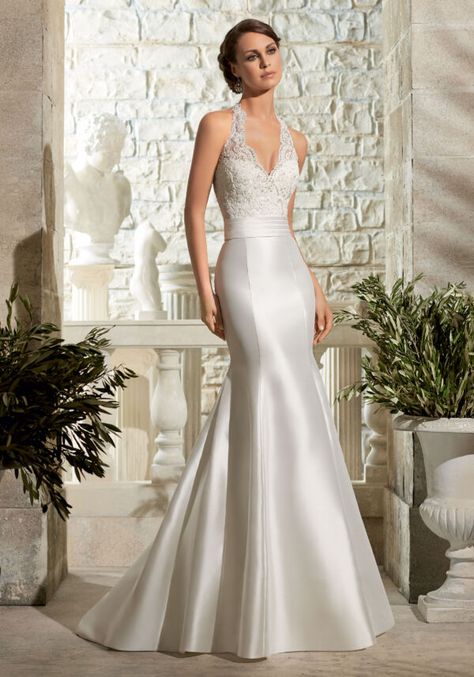 Larissa Satin with Crystal Beading on Alencon Lace Morilee Bridal Wedding Dress Alencon Lace Wedding Dress, Mori Lee Bridal, Trumpet Wedding Dress, White Wedding Dress, Designer Bridal Gowns, Mori Lee, Phil Collins, Wedding Dresses Satin, Satin Wedding