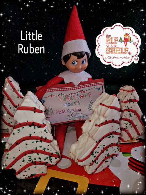 Day 20: Elf on the Shelf Christmas Trees for Sale | Little Debbie | Christmas Snacks | Little Ruben Elf Little Debbie Christmas Tree, Little Debbie Elf On The Shelf, Elf On The Shelf Little Debbie Trees, Christmas Trees For Sale, Elf Christmas Tree, Little Debbie, Elf Activities, Xmas Elf, Christmas Tree Sale