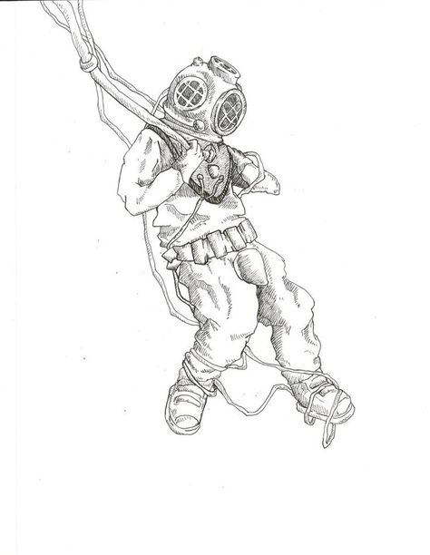 Diver Sketch, Deep Sea Diver Tattoo, Scuba Diver Tattoo, Deep Sea Diver Art, Sea Sketch, Deep Sea Ocean, Diver Tattoo, Diver Art, Sketch Study