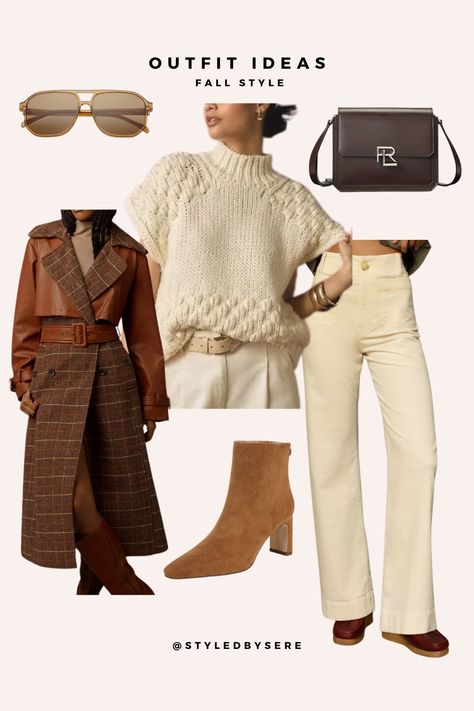 Level up your coffee meet ups with a chic, monochromatic look. Cream pants & a large knit sweater create a crisp, clean slate. Add color and dimension with camel color suede booties, color complimentary shades, and a deep chocolate bag. A plaid & leather trench is the outfit's statement piece, tying everything together and setting you apart. Chocolate Bag, Large Knit Sweater, Coffee Meeting, Plaid And Leather, Cream Pants, Coffee Talk, Leather Trench, Clean Slate, Fall Fits