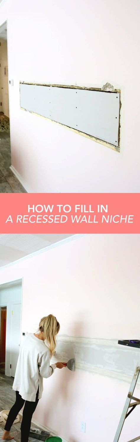 How To Fill In A Recessed Wall Niche #recessedwall #drywalll #abeautifulmess Niche In Wall, Recessed Wall Niche, Remove Wall, Family Room Walls, Tv Room Design, Wall Niche, Recessed Wall, A Beautiful Mess, Austin Homes