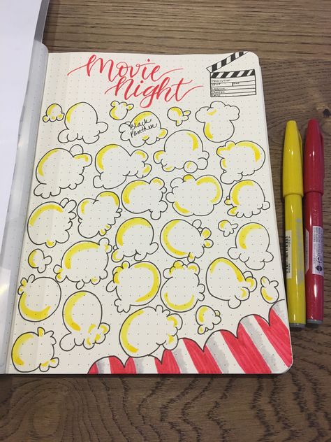 Movie Night Popcorn bullet journal tracker inspiration #bulletjournaling #bulletjournal #bujo Diy Kalender, خريطة ذهنية, Bullet Journal 2020, Bullet Journal Ideas Templates, Bullet Journal 2019, Creating A Bullet Journal, Bullet Journal Paper, Bulletin Journal Ideas, Bullet Journal Ideas