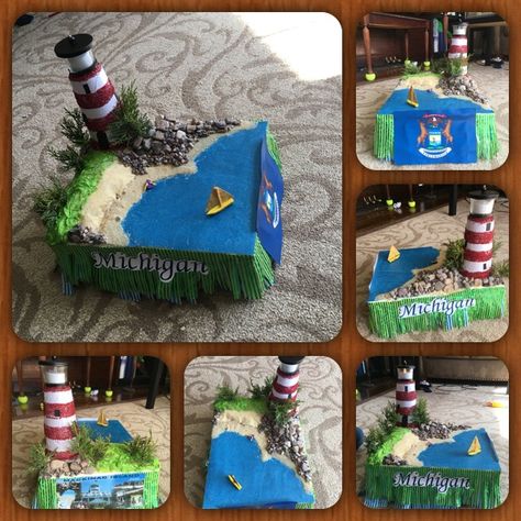 Michigan shoebox float for states project. Shoe Box Art, State History Projects, Shoebox Float, State Project, Learning States, Shoe Box Crafts, Geography Project, Football Diy, Maine State