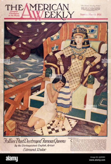 Download this stock image: Cleopatra published May 13,1934 in the American Weekly magazine painted by Edmund Dulac. Cleopatra was a wise and ambitious queen, by her wisdom and her wiles she managed to cajole Julius Caesar into keeping the rapacious hands of Rome off Egypt. After he was assassinated she picked Marc Antony for her protector. In BC 31 Antony and Octavian, whom Caesar had adopted, were fighting each other for the mastery of the Roman Empire. Antony’s forces were winning on land, bu Queen Cleopatra, Edmund Dulac, Sea Battle, The Roman Empire, Reading Habits, Julius Caesar, English Artists, Arabian Nights, Stamp Design