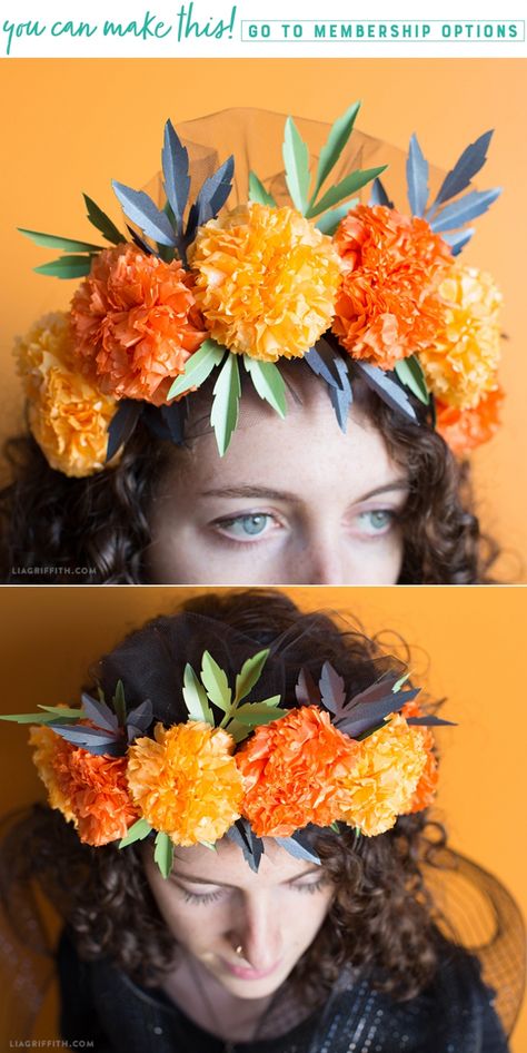 Marigold Flower Crown - Lia Griffith - www.liagriffith.com #diyhalloween #diycostume #diyhalloweencostume #diyinspiration #flowercrown #paperflower #paperflowers #tissuepaperflowers #madewithlia Paper Flower Crown, Flowers Backdrop, School Costume, Paper Hats, Spring Hat, Diy Flower Crown, Backdrop Diy, Diy Crown, Tissue Paper Pom Poms