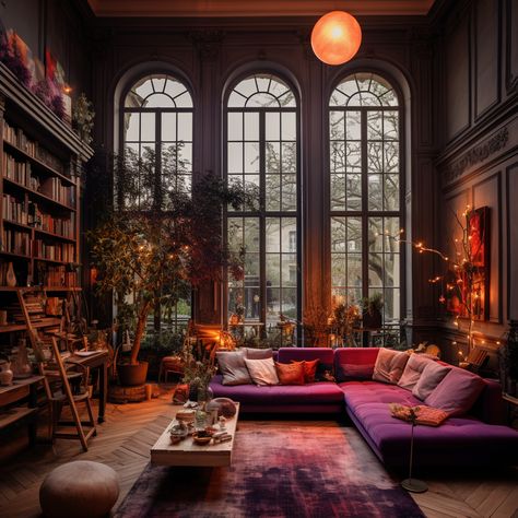 Moody Whimsical Decor, Purple Witchy Living Room, Purple Aesthetic Living Rooms, Magic Home Decor, Wizard Living Room, Witchy Couch, Whisimgoth Home, Whimsical Gothic Decor Living Room, Whimsigothic Living Room