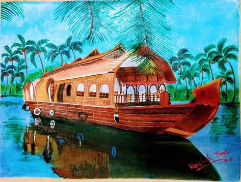 Kerala Houseboat Village Life Of Kerala Drawing, Kerala Village Life Paintings, Houseboat Drawing, Kerala Drawing, Kerala Village, Kerala Painting, House Boat Kerala, Boat Painting Acrylic, Luxury Dog House