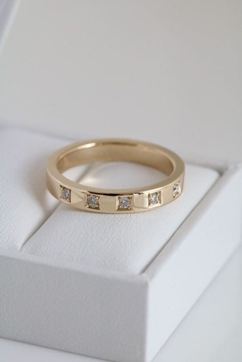 Square Band Ring with Spaced out Diamonds Yellow Gold - Q / 9ct Yellow Gold Square Wedding Bands For Women, Wedding Band Square Diamonds, Plain Gold Band With Diamond, White And Yellow Gold Wedding Band, Square Diamond Wedding Band, Wedding Bands For Square Engagement Ring, Interesting Wedding Bands, Square Wedding Band, Thick Wedding Band With Diamonds