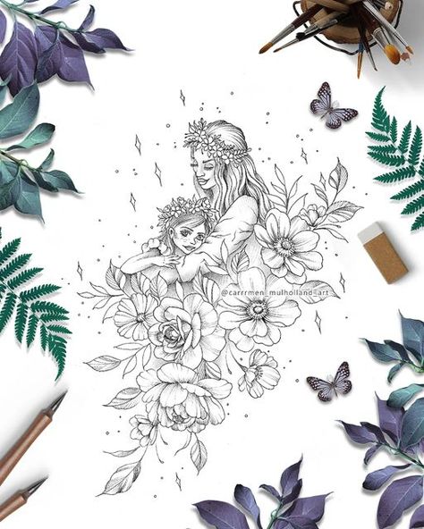 Mother Fairy Tattoo, Mother And Daughter Fairy Tattoos, Mother Daughter Portrait Tattoo, Mom Holding Daughter Tattoo, Mother Daughter Fairy Tattoo, Fairy Floral Tattoo, Mother Holding Daughter Tattoo, Fairy Mom And Daughter, Daughter Portrait Tattoo