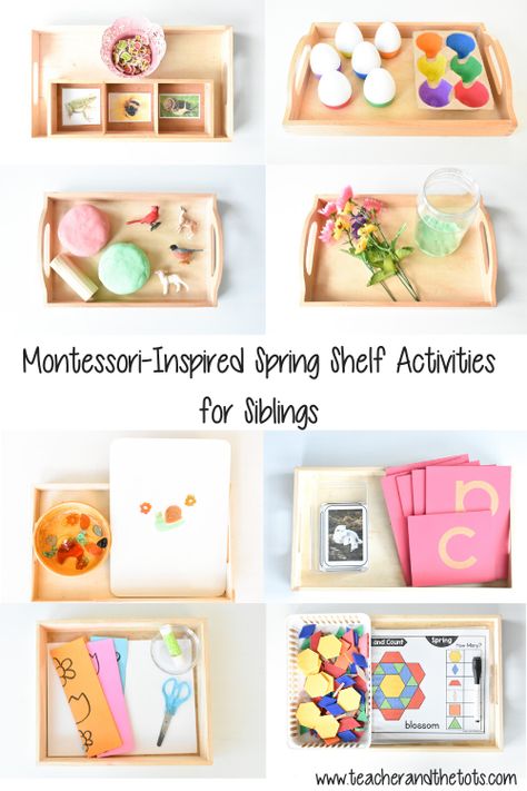 Planning activities for siblings can be tricky! Check out this post for 20 Montessori inspired spring shelf activities that work well for siblings and toddlers and preschoolers on their own! Activities For Siblings, Montessori Shelf Ideas, Montessori Easter, Montessori Trays, Montessori Activities Preschool, Montessori Shelf, Montessori Diy, Montessori Art, Montessori Practical Life