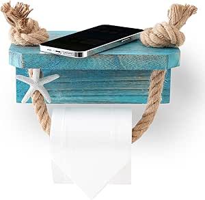 Perfeso.L Nautical Rope Toilet Paper Holder Blue Farmhouse Bathroom Decor – Wall Mount Starfish Coastal Beach Rope Towel Holder Towel Rack Unique Rustic Tissue Roll Holder with Wood Shelf Boho Beach Bathroom Decor, Bathroom Decor Ocean Theme, Ocean Kids Bathroom, Diy Beach Bathroom Decor, Blue Farmhouse Bathroom, Nautical Bathroom Decor Ideas, Ocean Bathroom Ideas, Wooden Bathroom Decor, Bathroom Ocean Decor