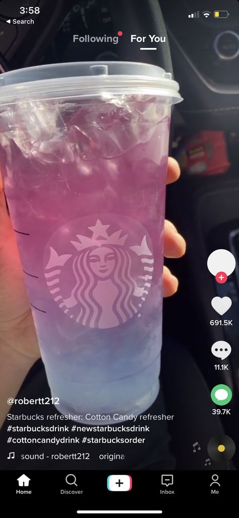 Cotton Candy Refresher Starbucks, Cotton Candy Refresher, Cotton Candy Drinks, Third Eye Tattoos, Baby Shower Fruit, Starbucks Drinks Diy, Drink Names, Iced Starbucks Drinks, Secret Starbucks Drinks