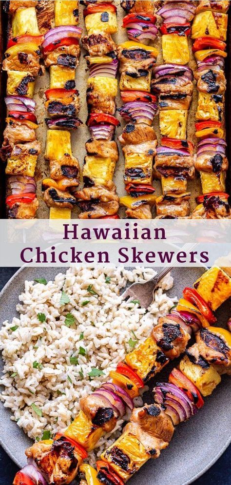 Hawaiian Chicken Skewers, Grilled Chicken And Pineapple, Chicken And Pineapple, Hawaiian Chicken Kabobs, Healthy Summer Dinner, Coconut Rice Recipe, Hawaiian Chicken, Ww Freestyle, Bbq Ideas