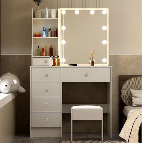 Small Vanity Desk with Mirror and Lights, Makeup Vanity Table Set with Stool, 6 Drawers & Storage Shelves, White Vanity with Sliding Mirror, Lighted Desk and Chair Vanity Set, Crystal Knobs H3139UK : Amazon.co.uk: Home & Kitchen Small Makeup Desk, Small Vanity Desk, Lights Makeup, Vanity Desk With Mirror, Desk With Mirror, Makeup Vanity Table, Mirrored Vanity, Sliding Mirror, Mirrored Vanity Desk