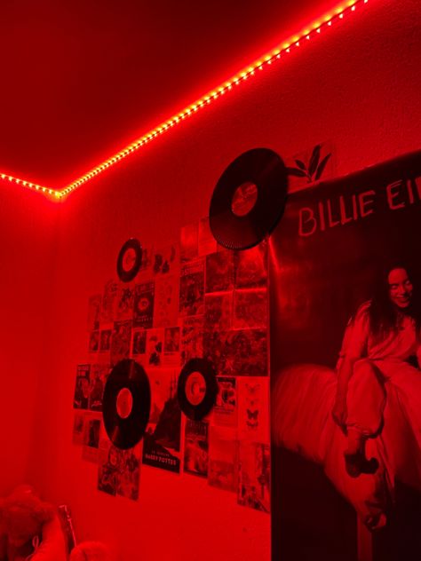 Red Light Aesthetic Room, Billie Eilish Room Aesthetic, Red Led Lights Bedroom, Red Led Room, Red Led Bedroom, Red Room Ideas Bedrooms, Aesthetic Rooms Led Lights, Billie Eilish Room Decor Ideas, Dark Red Bedroom Aesthetic