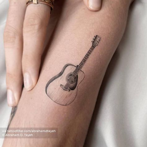 Music Guitar Tattoo, Guitar Tattoos, Acoustic Guitar Tattoo, International Tattoo, Guitar Tattoo Design, Modern Art Tattoos, Stick Poke Tattoo, Small Guitar, Sick Tattoo