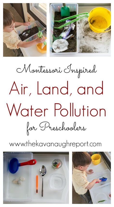 Montessori inspired trays to explore air pollution, water pollution and land pollution for preschoolers. Land Pollution, Pollution Activities, Recycling Activities, Earth Day Activities, Water Pollution, Kindergarten Science, Aktivitas Montessori, Preschool Science, Preschool Lessons