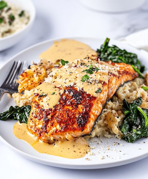 Marry Me Salmon Recipe Marry Me Salmon Recipe, Salmon Receipts, Salmon And Risotto, Marry Me Salmon, Creamy Garlic Parmesan Sauce, Oven Salmon, Garlic Parmesan Sauce, Creamed Onions, Sockeye Salmon