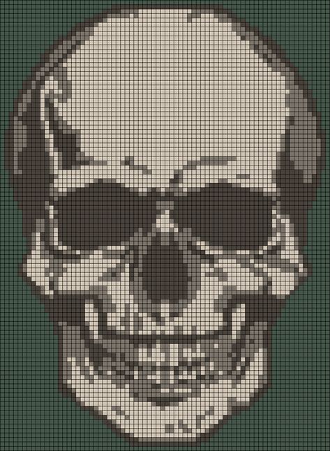 Skull Tapestry Crochet, Alpha Patterns Skull, Emo Alpha Pattern, Skull Pixel Art Grid, Pixel Patterns Crochet, Alpha Pixel Art, Knitting Grid Patterns, Skull Knitting Pattern, Crochet Tapestry Ideas