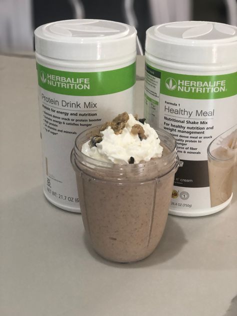 2 scoops Cookies n Cream F1 2 scoops Vanilla Protein  1 cup water  1tsp vanilla extract  1 tbsp instant vanilla pudding 1 tbsp instant cheesecake pudding   Add ice, blend and enjoy.  The more ice the thicker the shake #shake #herbalife #protein #healthylifestyle Herbalife Ice Cream, Herbalife Cookies And Cream Recipes, Herbalife Protein Drink Mix Recipes, November Herbalife Shakes, Herbalife Shake Recipes Cookies And Cream, Herbalife Beverage Mix Benefits, Herbalife Meal Replacement Shake Recipes, Herbalife Peanut Butter Shake, Herbalife Cookies And Cream