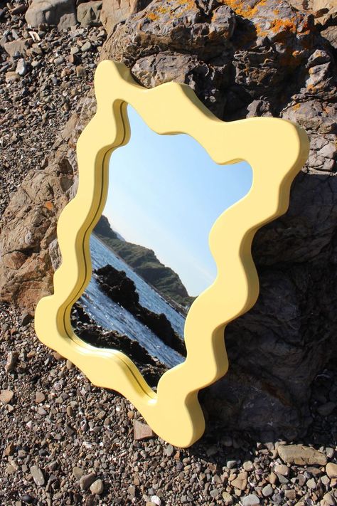 Yellow wiggle style mirror on a beach Wiggle Mirror, Bedroom Dressing Area, Curvy Mirror, Easy Small Wood Projects, Yellow Mirrors, Bedroom Dressing, Beach Room, Mirror Shapes, Dressing Area