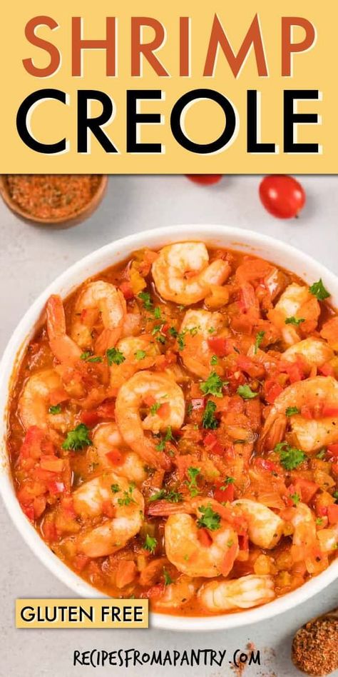 Shrimp Creole is a classic southern food recipe full of flavor! This quick and easy Creole shrimp recipe is perfect for serving as weeknight suppers, lazy Sunday brunches, or anytime you're craving the authentic flavors of the Louisiana bayou. Delicious whether you serve with rice or as a traditional creole shrimp and grits meal. Click through to get this awesome Shrimp Creole recipe!! #shrimpcreole #shrimp #creole #creolesauce #southernfoodrecipes #soulfood #deepsouth #neworleans #seafood Cajun Entrees, Creole Shrimp And Grits, Shrimp Newburg, Shrimp Creole Recipe, Creole Shrimp Recipes, Creole Shrimp, Classy Food, Creole Spice, Shrimp Gumbo