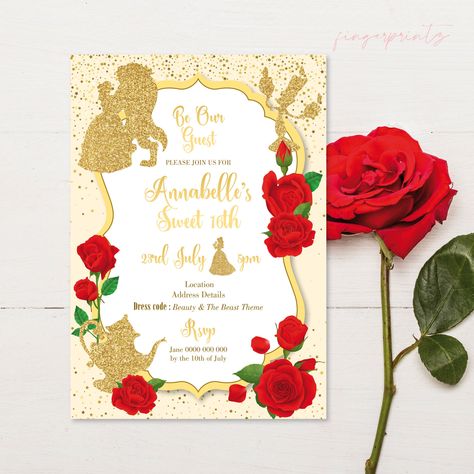 Red Gold Wedding Decorations, Belle Party Favors, Red Rose Invitation, Princess Belle Party, Beauty And The Beast Birthday, Beauty And Beast Birthday, Princess Party Invitations, Beauty And Beast Wedding, Beauty And The Beast Theme