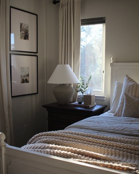 The lamp swap is a yes for me. 😍 I loved my thrifted tall lamps, too. But the color and shape on these is so good and they ground the space a little bit more. Also love that the shade is an off white. What do you think? #mytargetstyle #smmakelifebeautiful #mypotterybarn Interiors | Master Bedroom | Nightstand Styling | Bedside Table Lamps | Pottery Barn | Target | Studio McGee for Target | Traditional Style Bedroom Lamps Nightstand Dark Furniture, Bedroom Lamps Nightstand Target, Mirrors Behind Lamps On Nightstands, Styled Nightstand Bedside Tables, Art Above Nightstand Bedside Tables, Styling White Nightstand, Mismatched Nightstand Lamps, Nightstand Styling Bedside Tables, Mismatched Bedside Lamps