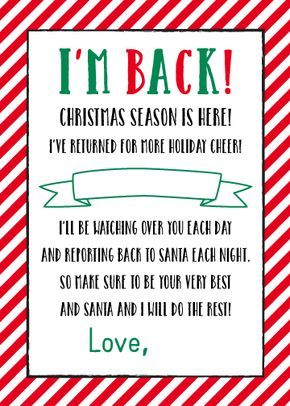 { FREE } Printable "I'm Back" Elf on the Shelf Letter | 5 x 7 Size - Plush Paper Design Elf On The Shelf Letter, Elf On Shelf Letter, Elf Movie Quotes, Elf Names, Elf Letters, Awesome Elf On The Shelf Ideas, Xmas Elf, Elf Antics, Elf Fun