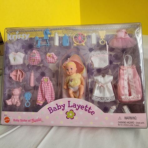 Vintage 1999 Barbie's Baby Sister Krissy Layette Clothes & Accessories Never Removed From Package Or Opened There Are No Missing Pieces. It Was Never Opened. It Is Not In Production Anymore And Would Make A Great Addition To A Barbie Collection. There Are Some Clothes, Blanket, Rattle, Etc. It Is Not For Children Under 3 Years Of Age According To The Package. It Is Being Sold As Is. 2000s Girl Toys, Barbie School Supplies, Barbie Baby Clothes, Barbie Bebe, Barbie Kids, Baby Barbie, Barbie Doll Set, Barbie Sisters, Baby Layette