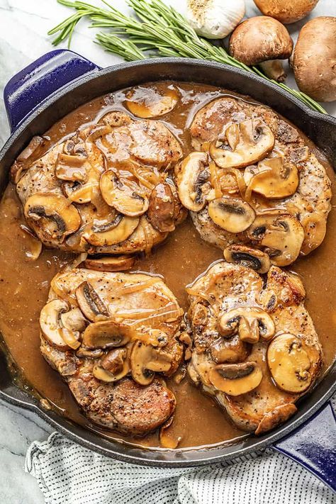 Smoother Pork Chops With Gravy, Pork Chops With Mushrooms And Onions, Baked Pork Chops Oven Bone In Cream Of Mushroom, Smoother Pork Chops, Mushrooms And Gravy, Wellington Bites, Smothered Pork Chops Recipe, Moms Recipes, Pork Chop Recipe