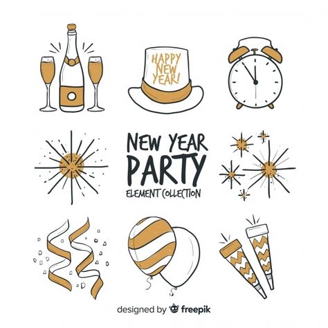 New year party elements collection | Free Vector #Freepik #freevector #new-year #happy-new-year #party #hand New Years Drawing Ideas, Bullet Journal On Ipad, New Year Doodle, New Year's Drawings, New Year Logo, Happy New Year Signs, Happy New Year Stickers, Party Elements, New Year Clipart