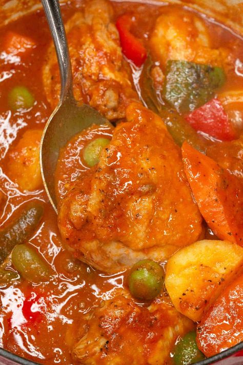 Chicken Caldereta Recipe - Recipes by Nora Chicken Caldereta, Caldereta Recipe, Stew With Chicken, Beef Caldereta, Steamed White Rice, High Protein Foods, Chicken Base, Carrots And Potatoes, Filipino Dishes