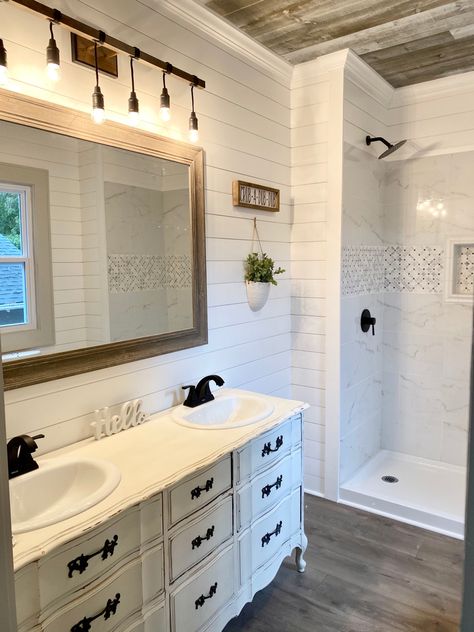 Different Color Shiplap Walls, Shiplap Wall And Ceiling Bathroom, Plank Walls Bathroom, Wood Shiplap Ceiling Bathroom, Full Shiplap Bathroom, Mirror On Shiplap Wall, Wood Laminate In Bathroom, Restroom Shiplap, Bathroom Ideas Shiplap Wall