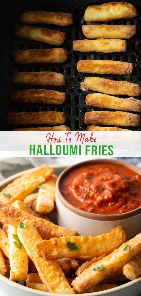 Learn how to make the best crispy on the outside and melty on the inside halloumi fries! Air Fried Halloumi Fries, Hallumi Recipes Fries, Best Halloumi Recipes, Air Fry Halloumi, Haloumi Fries Recipe, Fried Halloumi Recipes, Air Fryer Halloumi Fries, Halloumi Recipes Air Fryer, Halloumi Fries Air Fryer