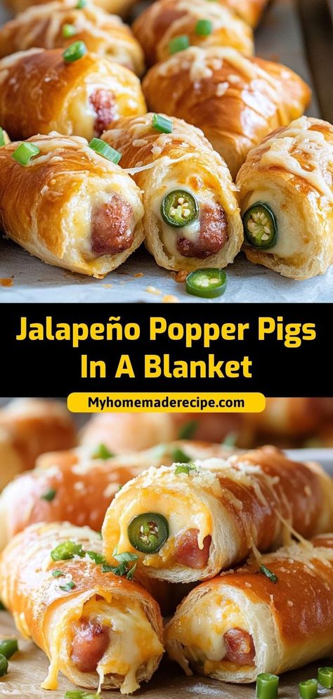 Spice up your appetizers with these jalapeño popper pigs in a blanket! Cream cheese, jalapeños, and mini sausages wrapped in flaky dough for a flavorful and fun bite-sized treat. Ingredients: 1 can crescent roll dough 4 oz cream cheese 2 jalapeños, chopped 12 mini sausages Popper Pigs In A Blanket, Sausage Cream Cheese Crescent Rolls, Mini Sausages, Cream Cheese Jalapeno Poppers, Cocktail Wieners, Cream Cheese Wontons, Classic Appetizers, Appetizer Dishes, Jalapeno Popper