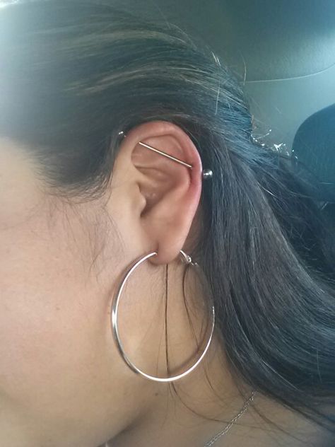 #piercing#industrial piercing Industrial Piercing With Hoop Earrings, Industrial Piercing Small Ears, Piercing Small Ears, Piercing Industrial, Small Ears, Industrial Piercing, Large Ring, Body Jewelry, Piercings