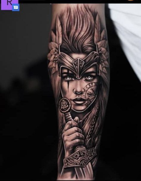 Female Viking Tattoo, Female Viking, Natur Tattoo Arm, Athena Tattoo, Viking Warrior Tattoos, Warrior Tattoo Sleeve, Female Warrior Tattoo, Viking Warrior Woman, Norse Mythology Tattoo