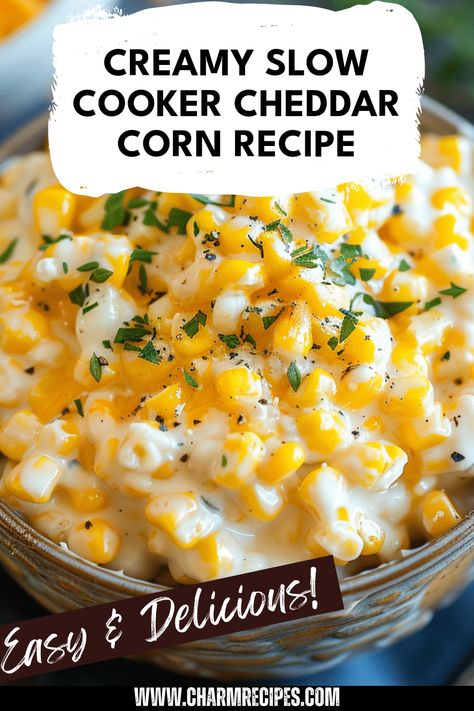 Discover the delightful flavors of Slow Cooker Cheddar Corn, a simple and creamy side dish perfect for family dinners or potlucks. This recipe features tender corn enveloped in a rich cheddar cheese sauce, making it an irresistibly flavorful companion for meats or bread. Whether you’re preparing for a holiday gathering or a weekend feast, this indulgent corn dish will elevate your table. Enjoy the ease of slow cooking with this cheesy corn blend that everyone will love. Say hello to a new favorite side in your home! Crockpot Cheddar Corn, Cheddar Bacon Corn, Cheesy Corn Side Dish, Slow Cooker Cheddar Corn, Holiday Corn Recipes, Corn Recipes For Thanksgiving, Scalloped Corn Recipes, Cheesy Corn Recipe, Creamy Cheesy Corn