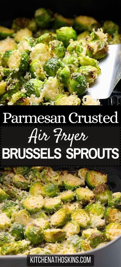 Learn how to make parmesan crusted brussels sprouts in air fryer that is easy, made without bacon and makes an addictive air fryer side dish for weeknight dinner or even for Thanksgiving. Get the air fryer brussels sprouts recipe with parmesan at kitchenathoskins.com Brussels Sprouts Air Fryer, Parmesan Brussels Sprouts, Easy Veggie Side Dish, Air Fryer Recipes Keto, Fried Brussel Sprouts, Pork Chop Recipes Baked, Sprout Recipes, Brussels Sprouts Recipe, Dinner Side Dishes