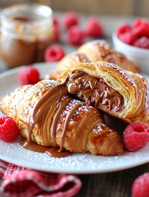 🍫 Ingredients 🍫 4 croissants 1 cup of Nutella 1/4 cup caramel sauce 2 tablespoons powdered sugar Fresh raspberries (optional, for garnish) Preheat oven to 350°F (175°C). Cut each croissant in half horizontally. Spread a generous amount of Nutella inside each croissant. Place the croissants on a baking sheet and bake for 5-7 minutes until hot and slightly crispy. Drizzle caramel sauce over the top of each croissant. Dust with powdered sugar and decorate with fresh raspberries if desired. Croissant With Nutella, Croissant Recipe Dessert, Nutella Aesthetic, Croissant With Chocolate, Toasted Croissant, Croissant Ideas, Caramel Croissant, Filled Croissants, Croissant Aesthetic