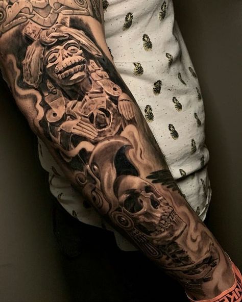 Aztec Armor, Aztec Tattoo Mexican, Mexican Heroes, Aztec Sleeve, Eclipse Tattoo, Aztec Tattoos Sleeve, Azteca Tattoo, Aztec Artwork, Temple Tattoo