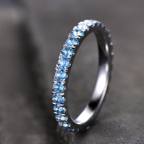 Eternity Band Blue Topaz Wedding Band Topaz Ring Aniversary Ring Sterling Silver Stacking Ring White Gold Plated - BBBGEM Blue Topaz Wedding Band, Topaz Wedding Ring, Gemstone Wedding, Blue Gemstone Rings, Sterling Silver Stacking Rings, Handmade Engagement Rings, Topaz Engagement Ring, Topaz Jewelry, Ring White Gold