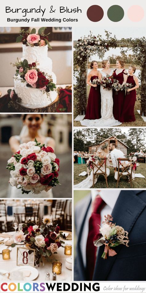 Colors Wedding | Top 7 Burgundy Fall Wedding Color Combos Maroon Blush Wedding, Crimson Wedding Colors, Burgundy Dusty Rose Wedding, Wine Color Wedding, Fall Wedding Burgundy, Blush Fall Wedding, Burgundy Fall Wedding, Crimson Wedding, Wine Colored Wedding