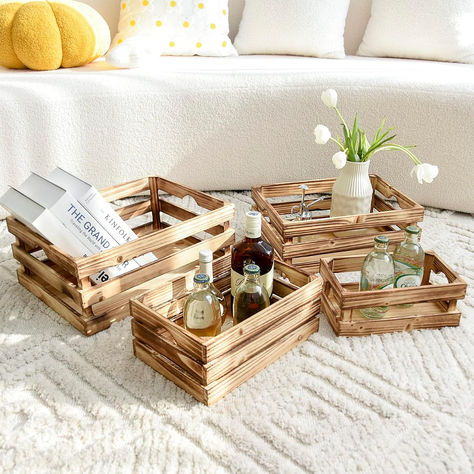 Set of 4 Large Torched Wood Decorative Storage Crates, Nesting Wooden Crates for Display Rustic, Farmhouse Wooden Storage Container Boxes Made from 100% Wood Large Wooden Crates, Cushions Bedding, Torched Wood, Wooden Storage Crates, Storage Crates, Wood Storage Box, Beach Cafe, Wooden Storage Boxes, Crate Storage