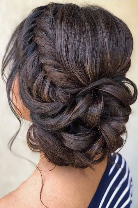 33 Wedding Updos With Braids ❤ wedding updos with braids low curly updo on dark hair samirasjewelry #weddingforward #wedding #bride #weddinghair #weddingupdoswithbraids Sanggul Modern, Mom Hair, Bridal Hair Updo, Quince Hairstyles, Bun Hairstyle, Wedding Hair Inspiration, Low Bun, Penteado Cabelo Curto, Braided Updo